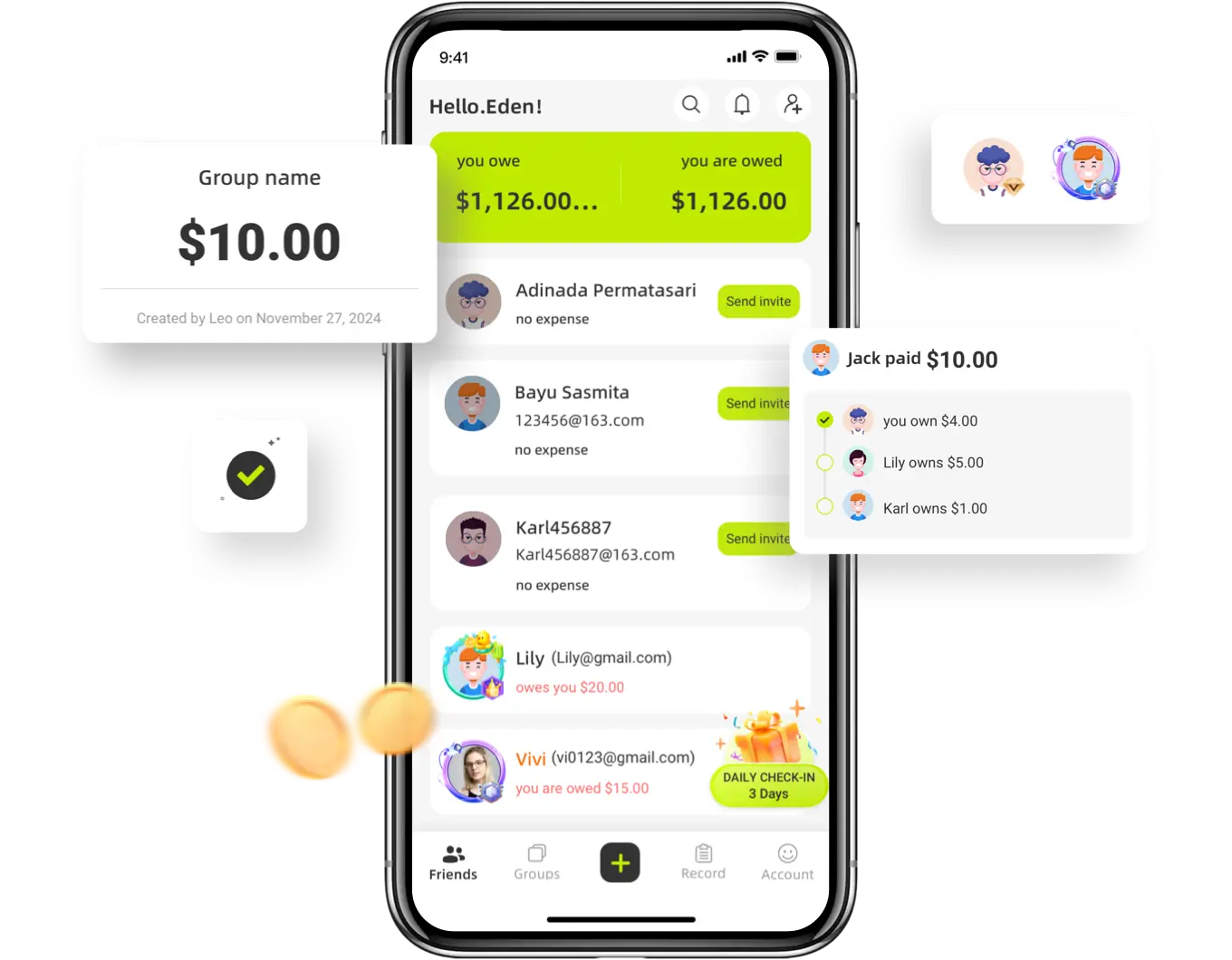 Mobile phone displaying the SplitFun app interface showing group bills and payments